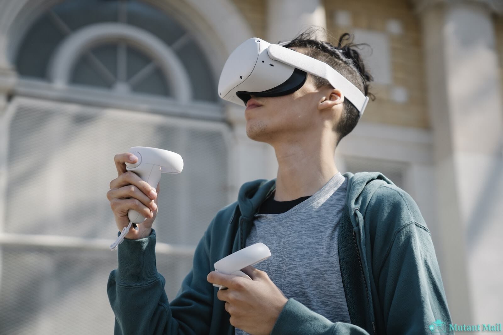 Male experiencing virtual reality headset on street