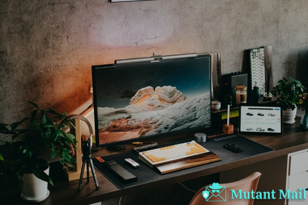 a desk with a laptop and a monitor on it